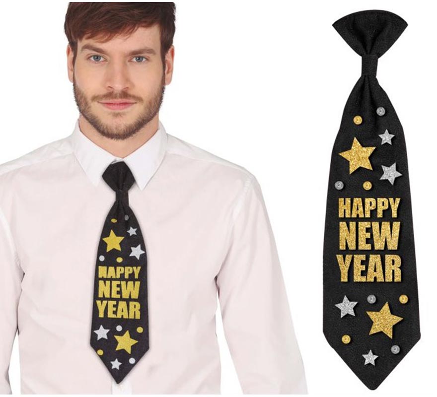 Translation missing: fr.Corbata 'Happy New Year' negro y dorado de 38 cm