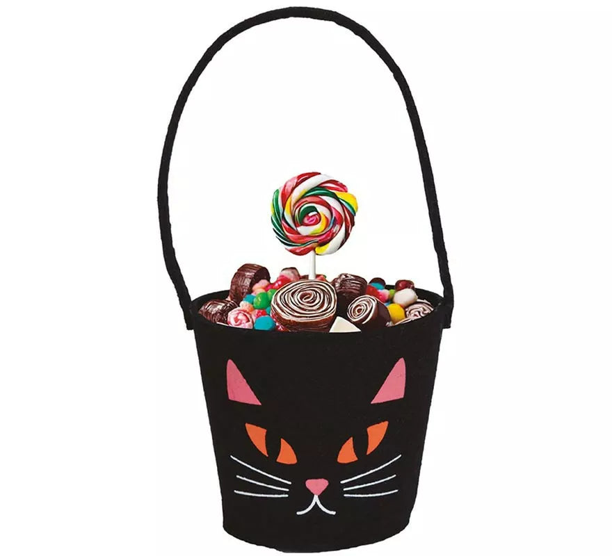 Cubo Calabaza de Fieltro Negra Gato 13x10 cm
