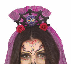 Bandeau Tête de Mort avec Voile Lilas et Roses