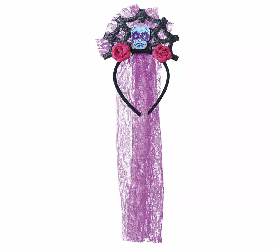Translation missing: fr.Diadema Calavera con Velo Lila y Rosas
