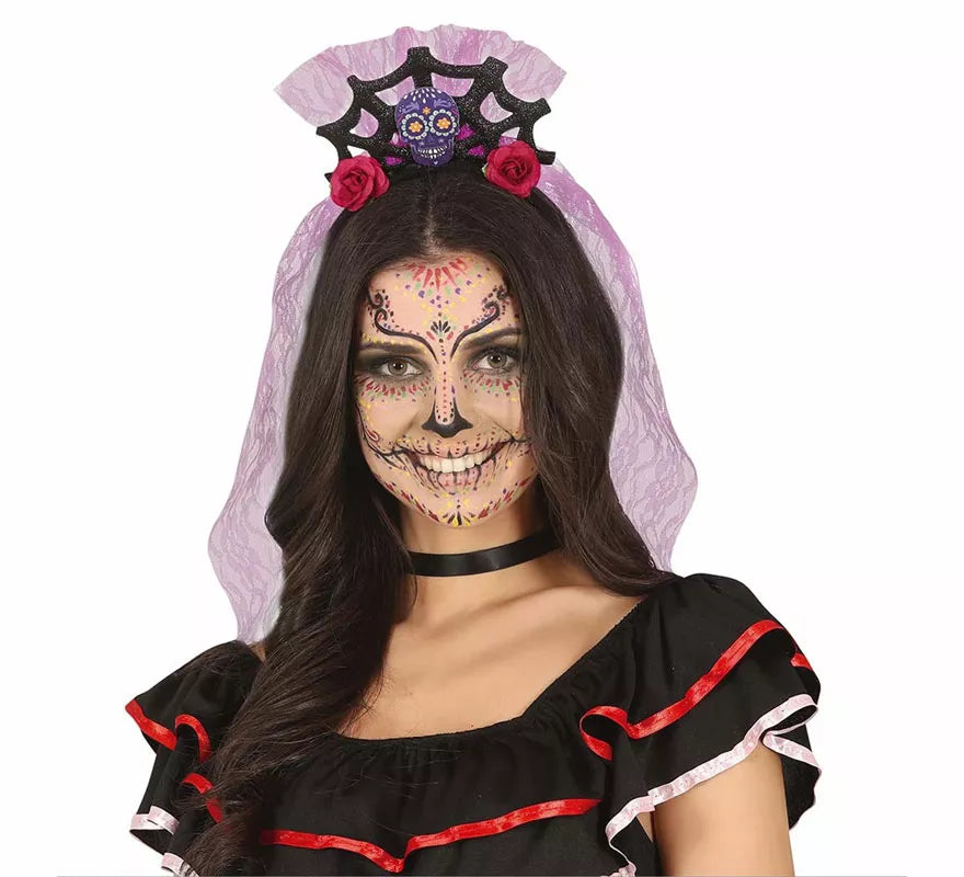 Translation missing: fr.Diadema Calavera con Velo Lila y Rosas