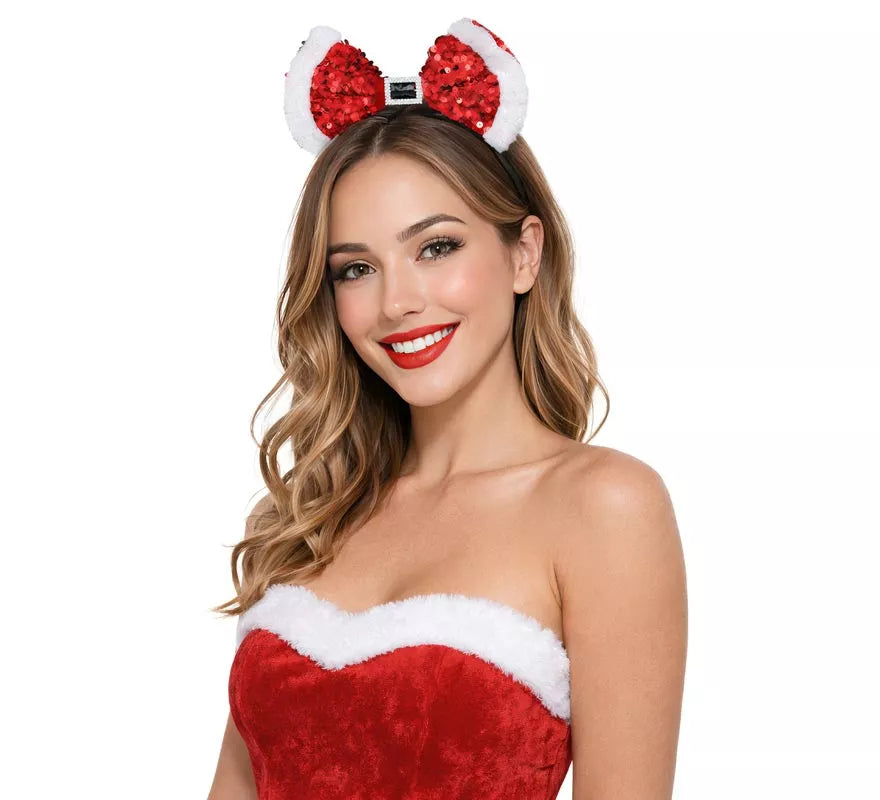 Diadema con Lazo de Mamá Noel y Lentejuelas