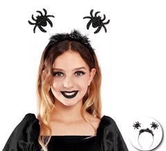 Bandeau d'araignées noires brillantes avec plumes d'enfants