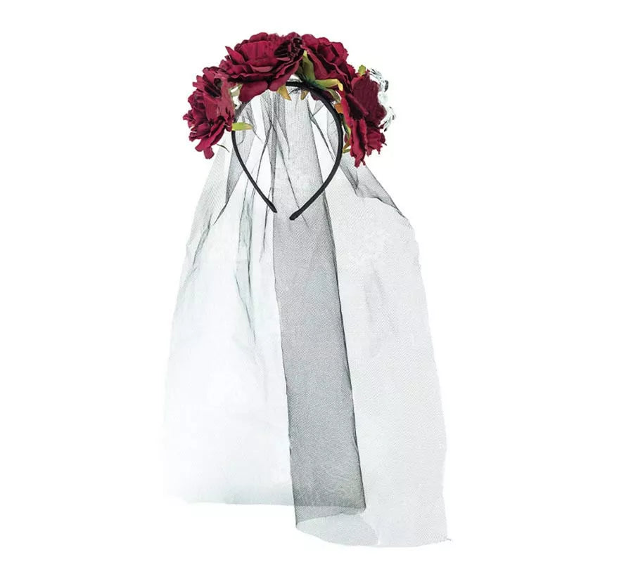 Diadema de Catrina con Flores rosas con velo