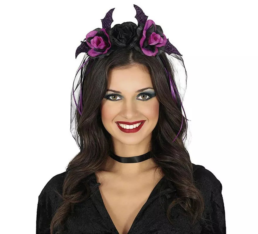 Translation missing: fr.Diadema de Flores negras y lilas con Velo