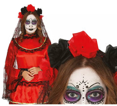 Diadème de fleurs noires et rouges avec Veil