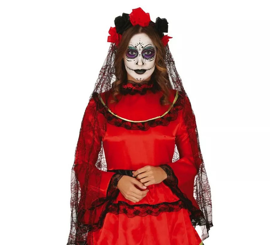 Translation missing: fr.Diadema de Flores Negras y Rojas con Velo