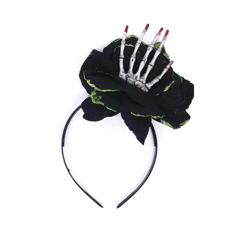 Diadema de Rosa negra con mano de esqueleto