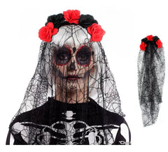 Bandeau Catrina roses noires et rouges avec voile