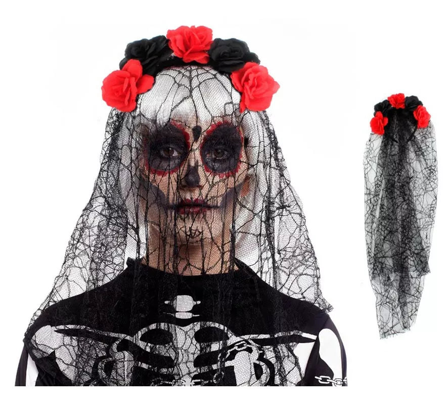 Translation missing: fr.Diadema de Rosas Catrina negro y rojo con velo