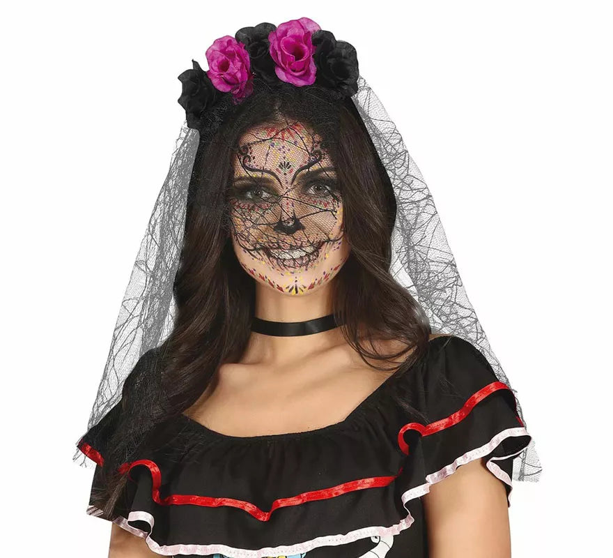 Translation missing: fr.Diadema Flores Lila y Negras con Velo