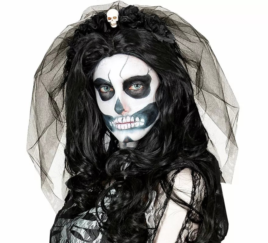 Translation missing: fr.Diadema Gótica con 6 Rosas negras con Calavera y Velo