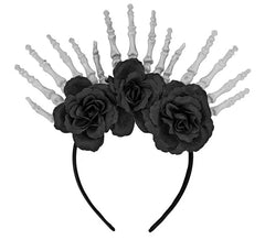 Bandeau orné de mains de squelette et de roses noires