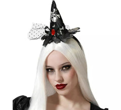 Mini bandeau chapeau de sorcière noir avec crâne