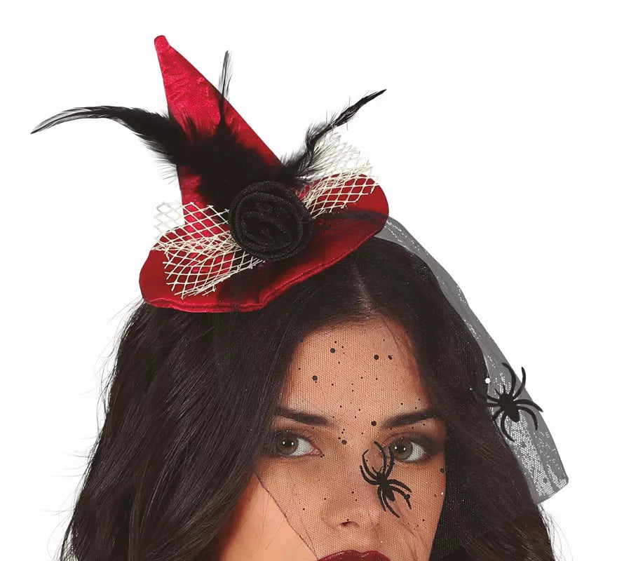 Translation missing: fr.Diadema Mini sombrero de Bruja Rojo con Velo