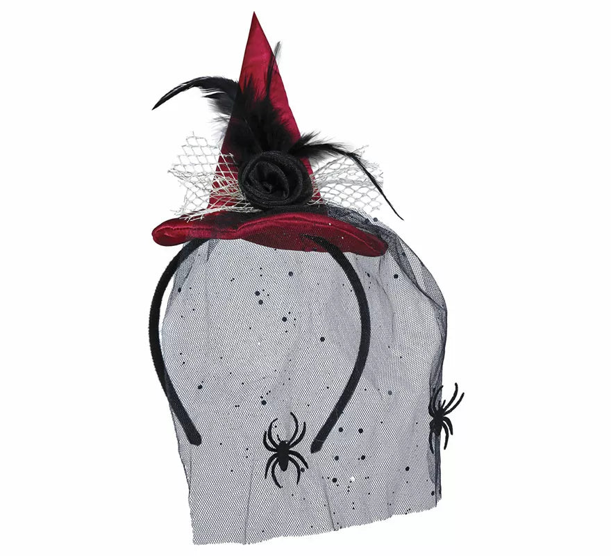 Translation missing: fr.Diadema Mini sombrero de Bruja Rojo con Velo