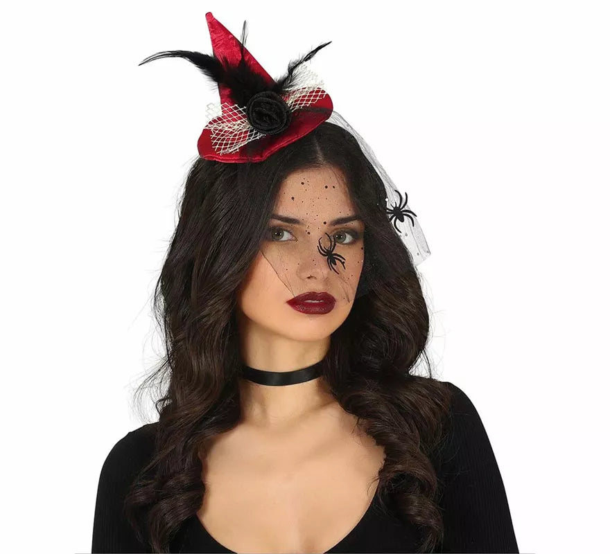 Translation missing: fr.Diadema Mini sombrero de Bruja Rojo con Velo