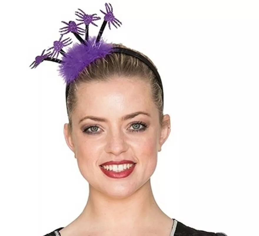 Translation missing: fr.Diadema morada con plumas y arañas 23 cm