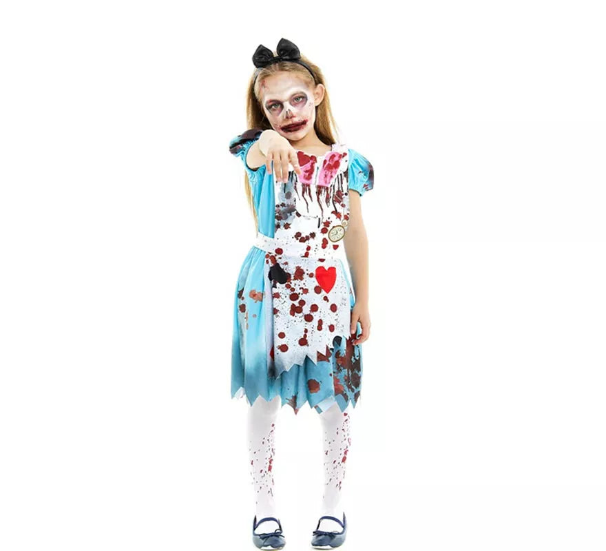 Translation missing: fr.Disfraz de Alicia Zombie vestido azul clásico para niña y adolescente