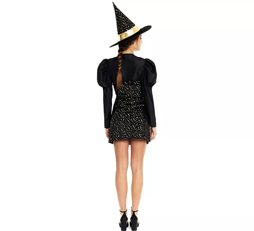 Translation missing: fr.Disfraz de Bruja Elegante negro y dorado con lazo para mujer