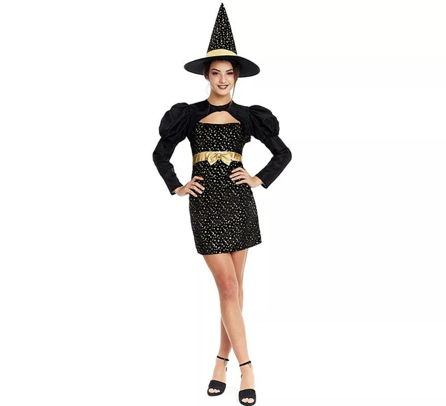 Translation missing: fr.Disfraz de Bruja Elegante negro y dorado con lazo para mujer