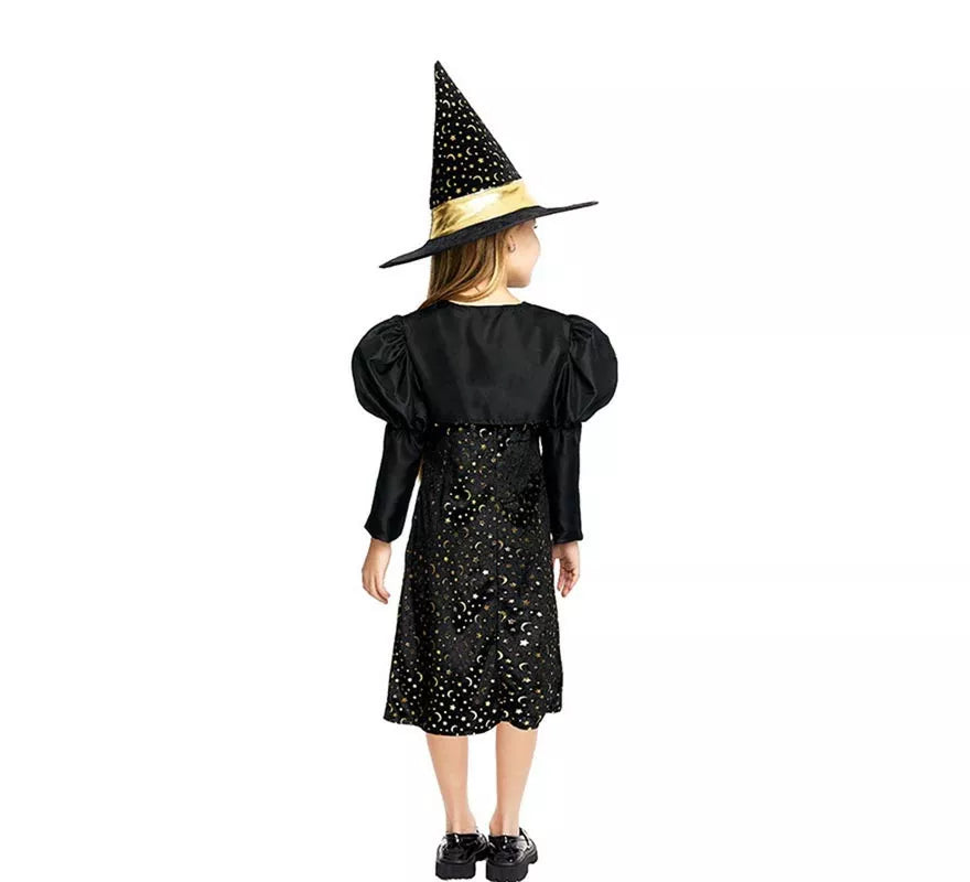 Translation missing: fr.Disfraz de Bruja Elegante negro y dorado con lazo para niña