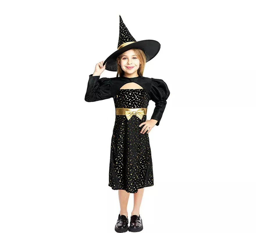 Translation missing: fr.Disfraz de Bruja Elegante negro y dorado con lazo para niña