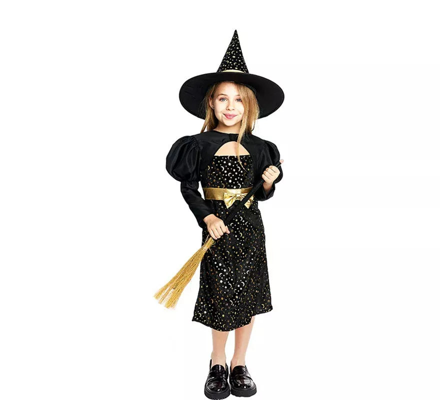 Translation missing: fr.Disfraz de Bruja Elegante negro y dorado con lazo para niña
