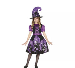 Déguisement Sorcière violette avec robe imprimée fille