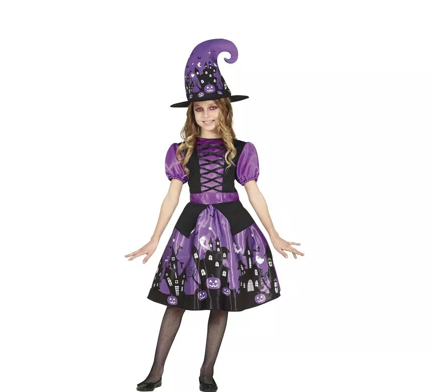Translation missing: fr.Disfraz de Bruja Morada con vestido estampado para niña