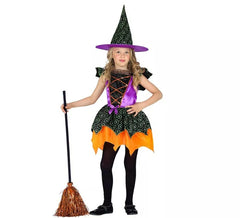 Déguisement de sorcière orange et lilas pour fille