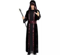 Costume de sorcière noire avec capuche et ceinture pour homme
