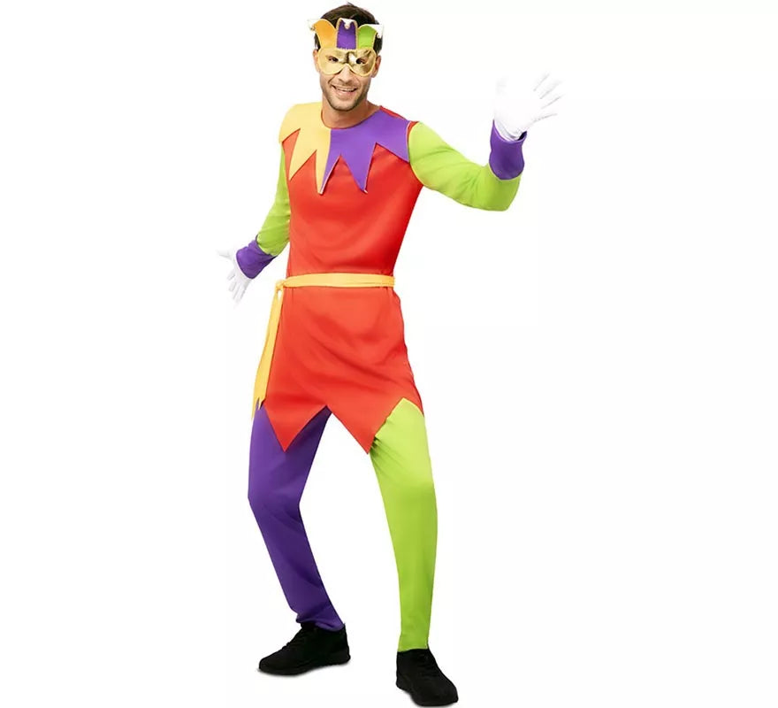 Translation missing: fr.Disfraz de Bufón multicolor con antifaz para hombre