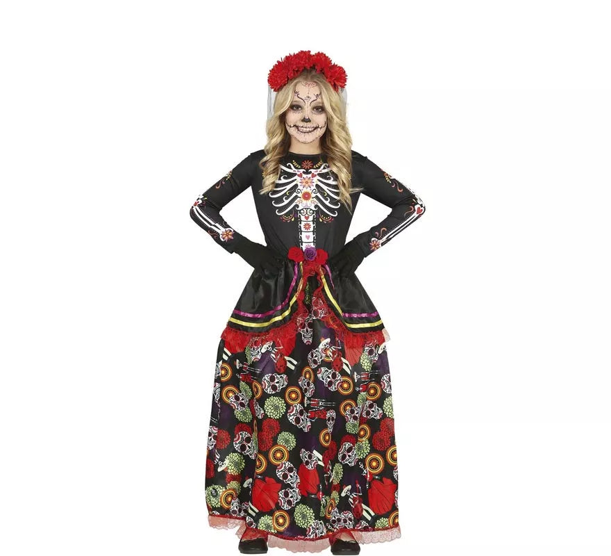 Translation missing: fr.Disfraz de Catrina con falda larga estampada para niña
