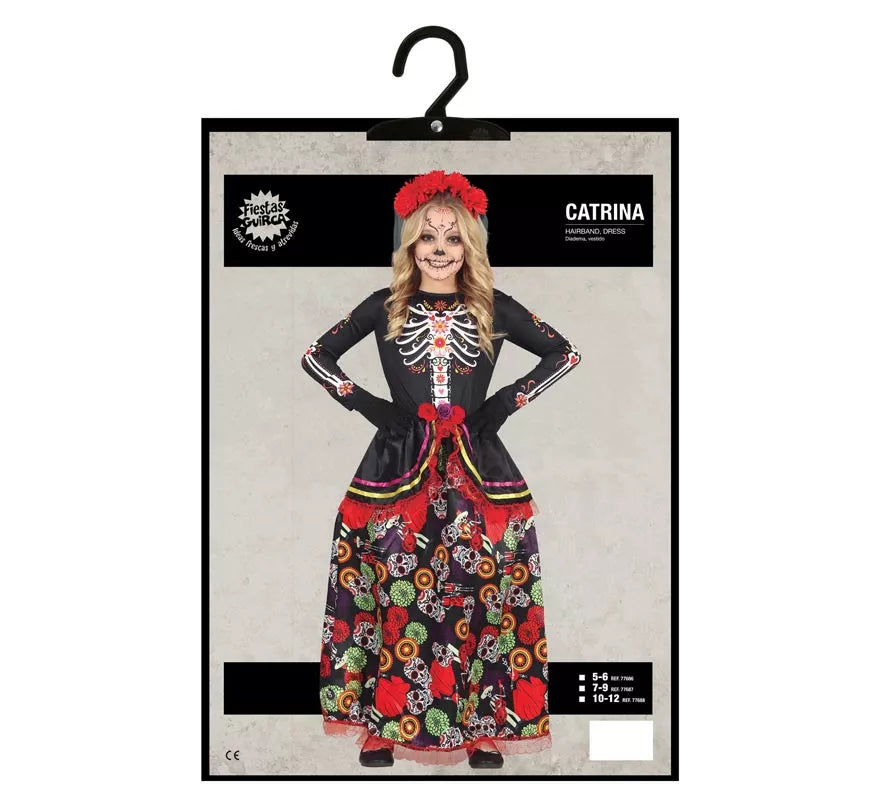 Translation missing: fr.Disfraz de Catrina con falda larga estampada para niña