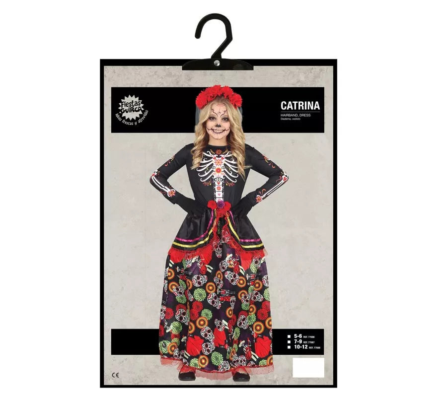 Translation missing: fr.Disfraz de Catrina con falda larga estampada para niña