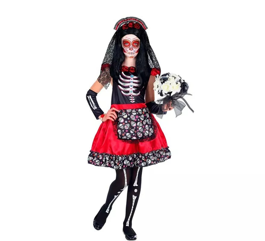 Translation missing: fr.Disfraz de Catrina Día de Los Muertos con Velo para niña