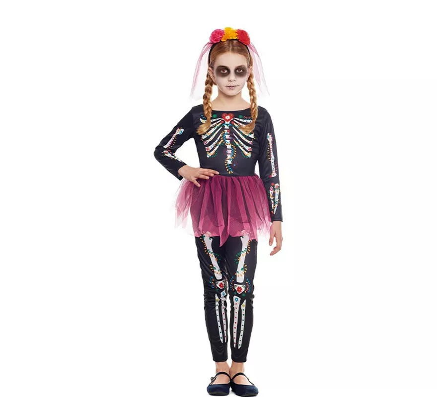 Translation missing: fr.Disfraz de Catrina rosa con diadema y velo para niña