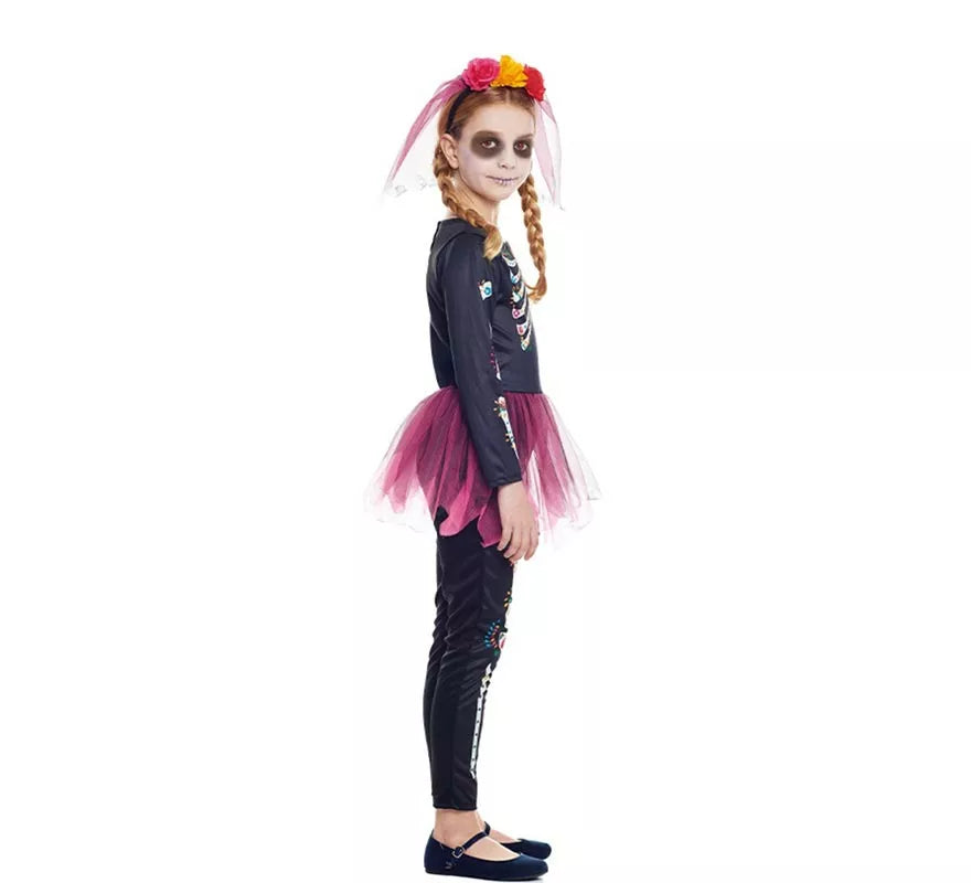 Translation missing: fr.Disfraz de Catrina rosa con diadema y velo para niña