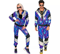 Costume de survêtement disco à paillettes bleu années 80 pour adultes