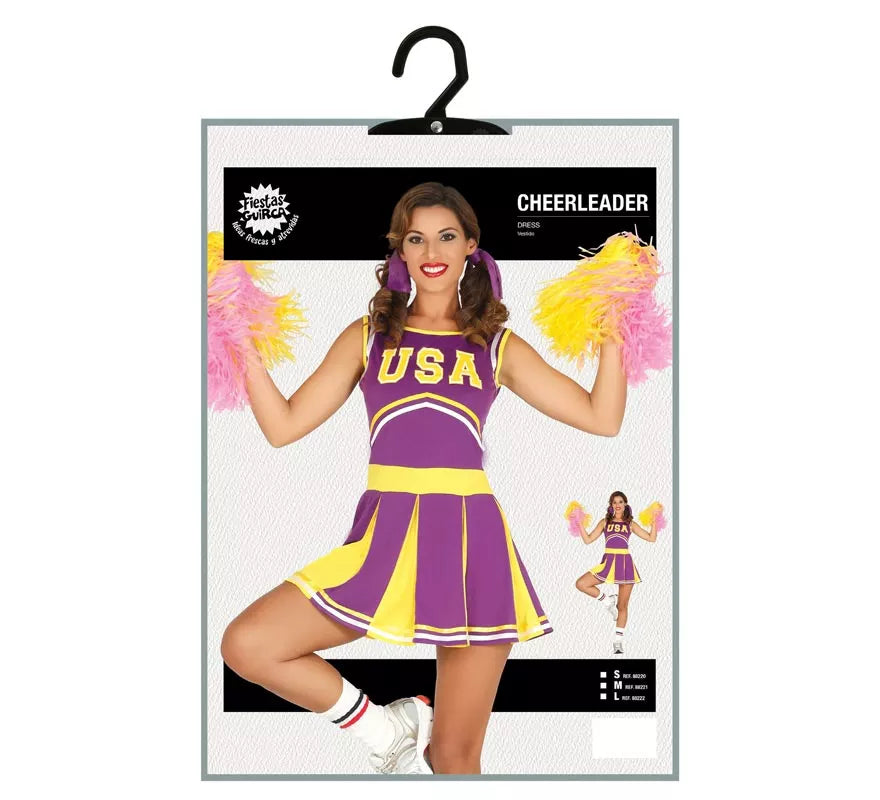 Translation missing: fr.Disfraz de Cheerleader USA morado y amarillo para mujer