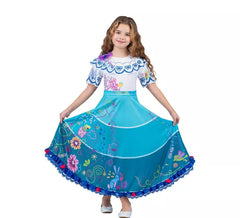 Déguisement colombien fleuri bleu et blanc fille