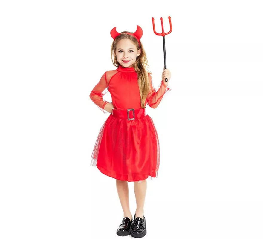 Translation missing: fr.Disfraz de Diablesa moderna roja con diadema y cola para niña