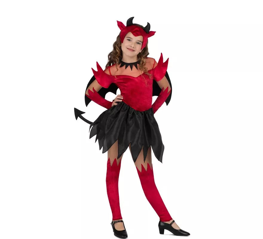 Disfraz de Diablesa rojo y negro con alas para niña