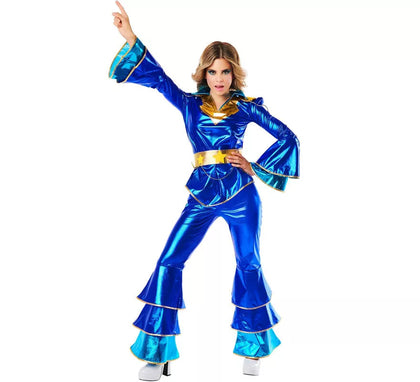 Disfraz de Disco azul años 70 para mujer