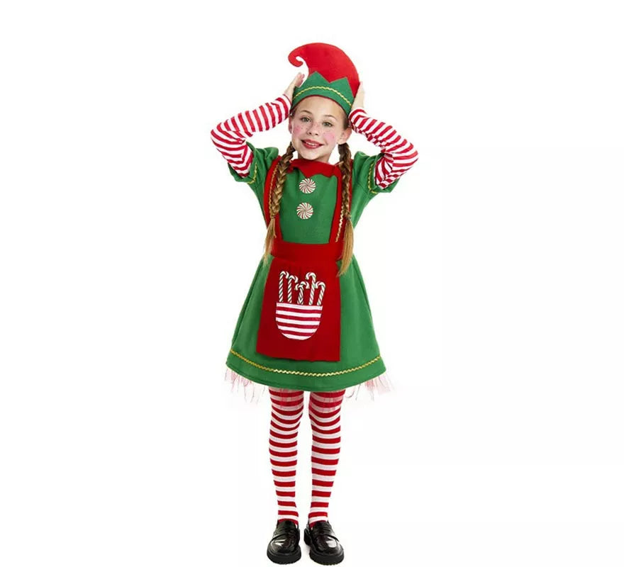 Translation missing: fr.Disfraz de Elfa Polar en vestido verde y rojo para niña