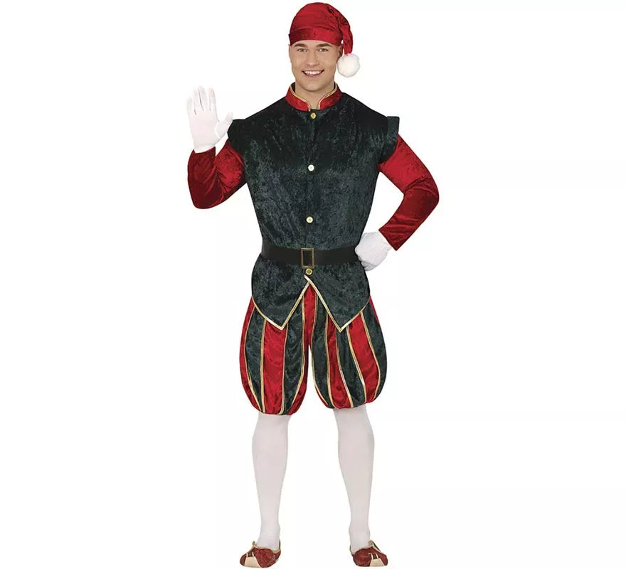 Translation missing: fr.Disfraz de Elfo Paje verde y rojo con gorro para hombre
