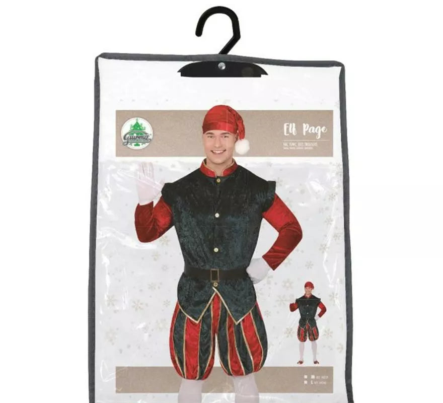 Translation missing: fr.Disfraz de Elfo Paje verde y rojo con gorro para hombre