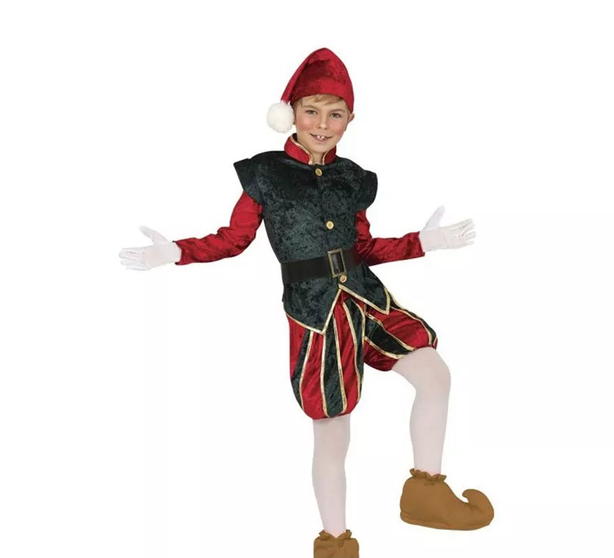 Translation missing: fr.Disfraz de Elfo Paje verde y rojo con gorro para niños