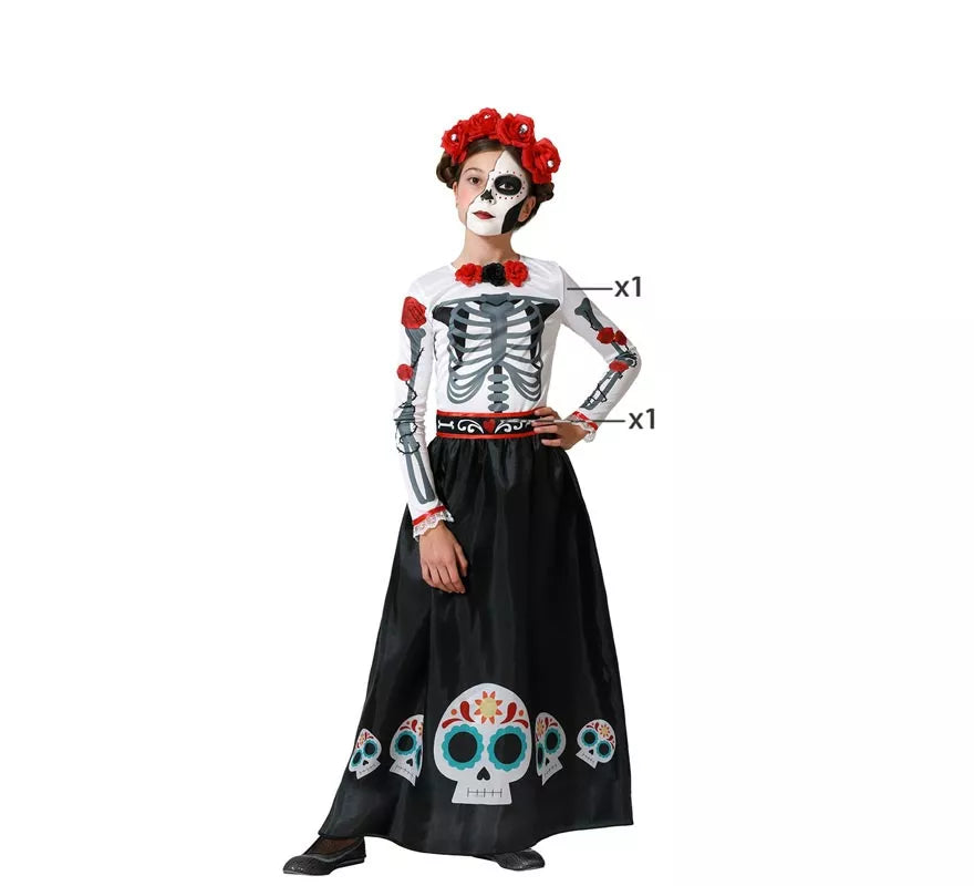 Translation missing: fr.Disfraz de Esqueleto Mejicano Catrina Rosas para niña